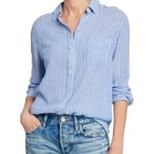 Rails Blue White Cove Stripe Linen Blend Button Front Charli Shirt Top M $188